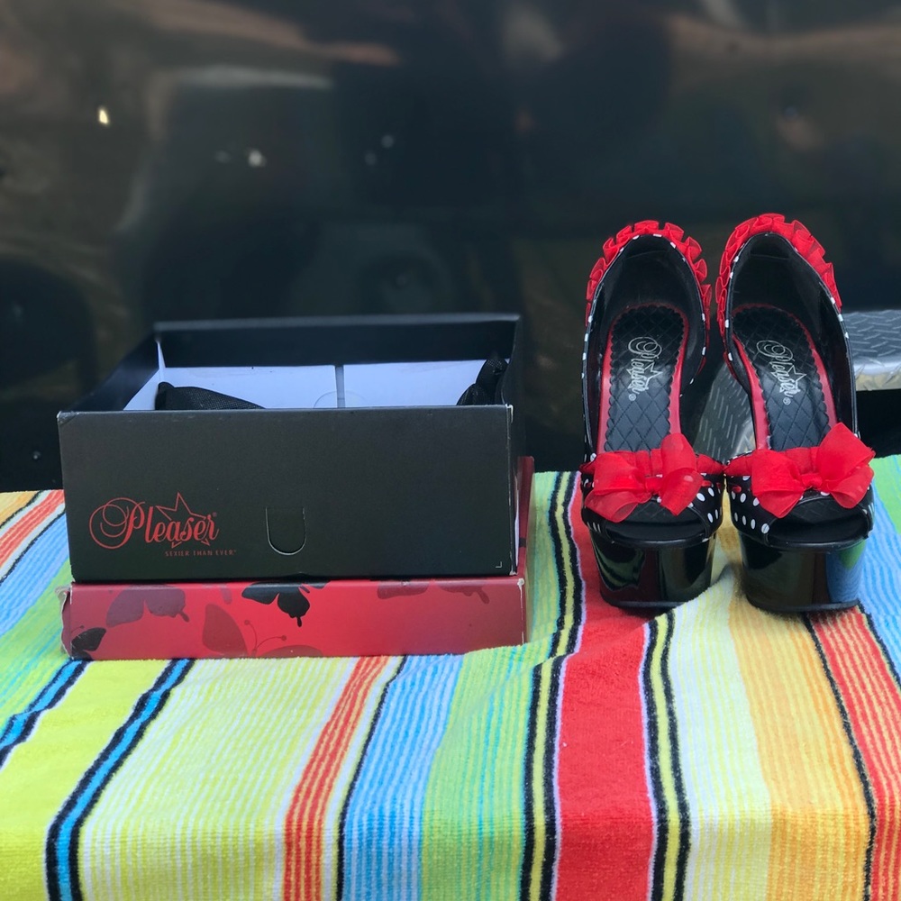 Pleaser Delight 5.75" Heel Black Red Polka Dot Peep Toe Platform Heels Shoes 7